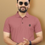 Peach-coloured T-shirt for men Solid Regular length Polo collar Short, regular sleeves Knitted cotton fabric Button clos