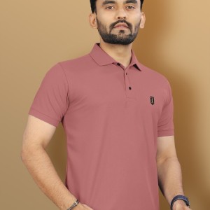 Peach-coloured T-shirt for men Solid Regular length Polo collar Short, regular sleeves Knitted cotton fabric Button clos