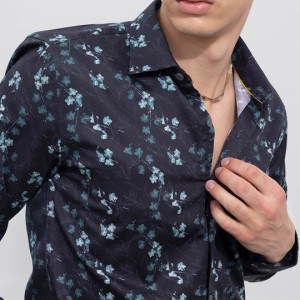 Men Slim Fit Floral Printed Casual Cotton Shirt