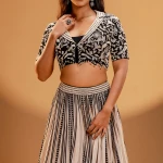 Beige Printed Crepe Lehenga with Notch Lapel Collar Blouse-JE2425