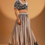 Beige Printed Crepe Lehenga with Notch Lapel Collar Blouse-JE2425