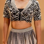 Beige Printed Crepe Lehenga with Notch Lapel Collar Blouse-JE2425