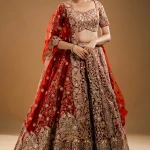 Dark Red Resham Embroidered Net Bridal Lehenga with Sweetheart Neck Blouise-JE2624