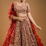 Dark Red Resham Embroidered Net Bridal Lehenga with Sweetheart Neck Blouise-JE2624