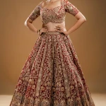 Dark Red Resham Embroidered Net Bridal Lehenga with Sweetheart Neck Blouise-JE2624