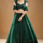Forest Green Net Bridesmaids Lehenga with Sweetheart Neck Blouse-JD3366