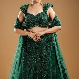 Forest Green Net Bridesmaids Lehenga with Sweetheart Neck Blouse-JD3366