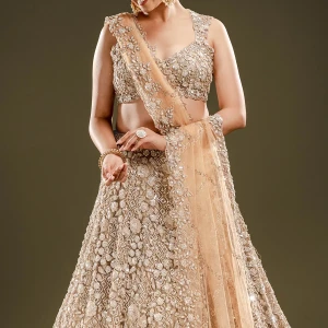 Gold Sequins Embroidered Net Reception Lehenga with Sweetheart Neck Blouse-JE2345
