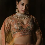 Light Beige Umbrella Style Silk Bridal Lehenga with Leaf Neck Blouse-GC4963