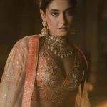 Light Beige Umbrella Style Silk Bridal Lehenga with Leaf Neck Blouse-GC4963