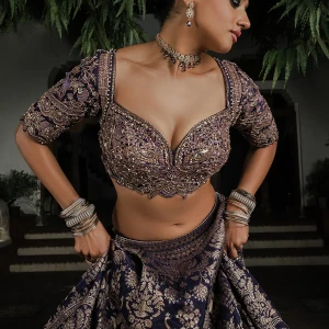 Navy Blue Umbrella Style Silk Designer Lehenga with Sweet Heart Neck Blouse-GC4968
