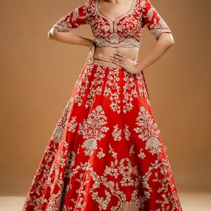 Scarlet Red Zardosi Embroidered Silk Lehenga with Readymade Blouse-JE2637