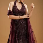 Wine Purple Sequins Embroidered Fish Cut Style Lehenga with Halter Neck Blouse-JD3656