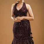 Wine Purple Sequins Embroidered Fish Cut Style Lehenga with Halter Neck Blouse-JD3656