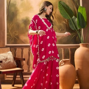 Bandhej Printed Kaftan & Tube Top With Sharara
