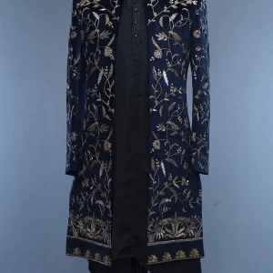 Dark Blue Velvet Cutdana Embroidered Wedding Sherwani
