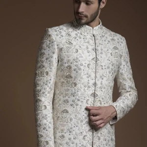 Ivory Resham Embroidered Raw Silk Wedding Sherwani