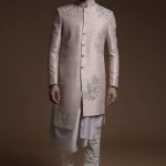 Nude Pink Resham Embroidered Raw Silk Indowestern Sherwani