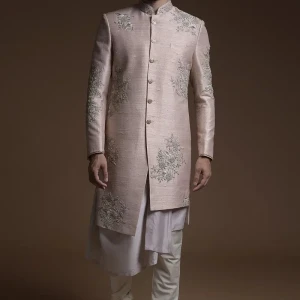 Nude Pink Resham Embroidered Raw Silk Indowestern Sherwani