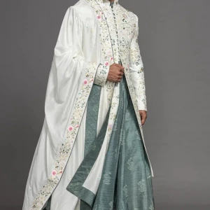 Off-White Resham Embroidered Raw Silk Wedding Sherwani