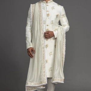 Off-White Resham Embroidered Raw Silk Wedding Sherwani