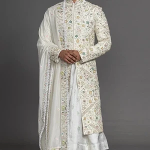 White Resham Embroidered Silk Wedding Sherwani